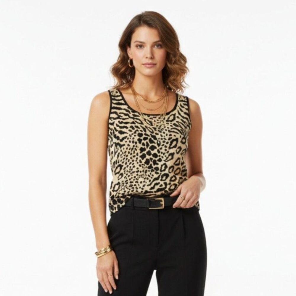 St John Animal Print Brown & Black Sleeveless Print Knit Woven Tank Top S